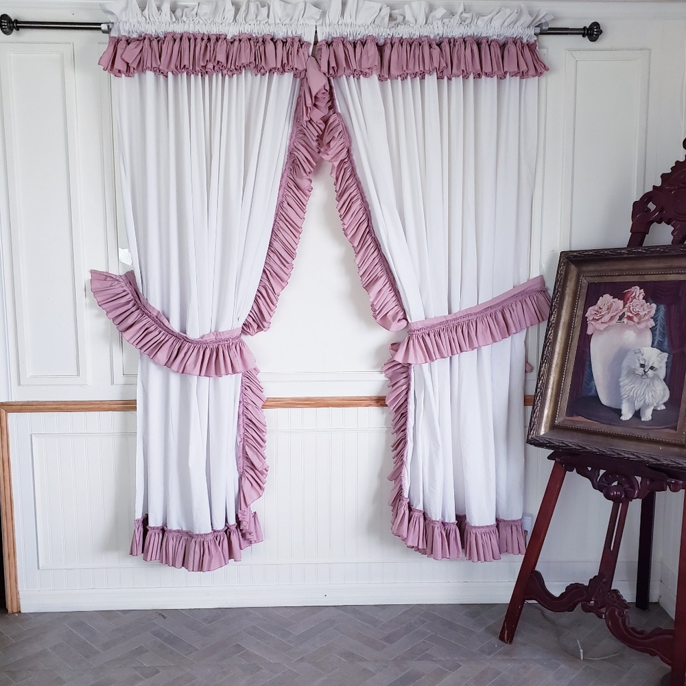 Vtg Priscilla Curtain Panels Pink White Ruffled 168W x 78L Wide Pocket Tie Backs